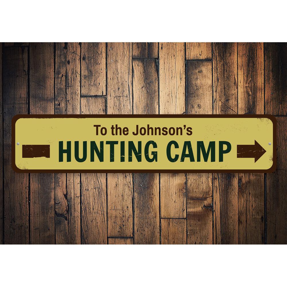 Customizable Hunting Camp Sign made of high-quality aluminum, featuring pre-drilled holes for easy mounting.