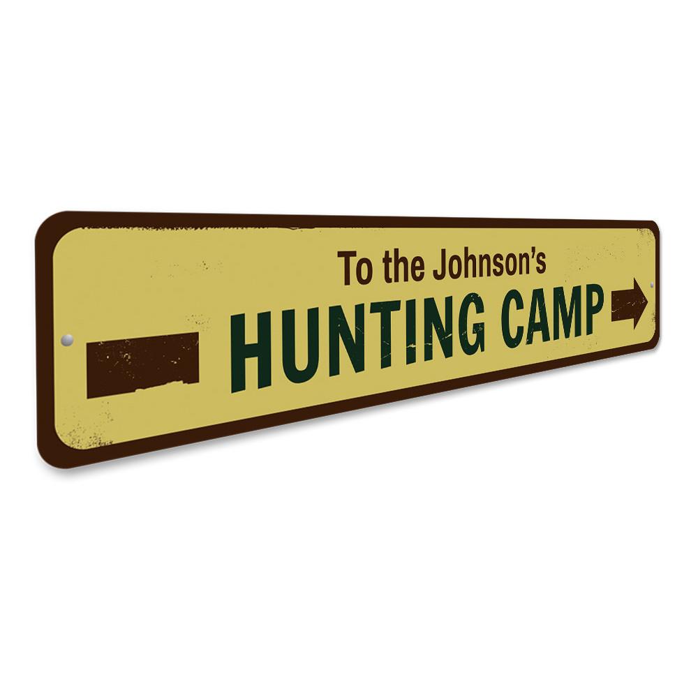 Customizable Hunting Camp Sign made of high-quality aluminum, featuring pre-drilled holes for easy mounting.