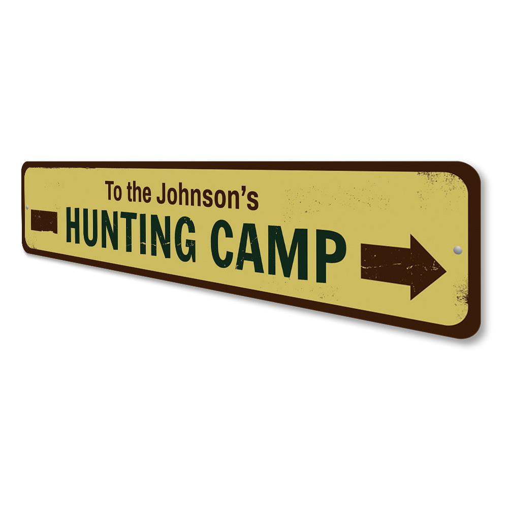 Customizable Hunting Camp Sign made of high-quality aluminum, featuring pre-drilled holes for easy mounting.