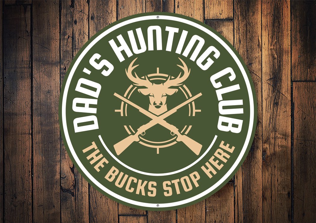 Hunting Club Cabin Sign made of high-quality aluminum, featuring customizable text and pre-drilled holes for easy mounting.