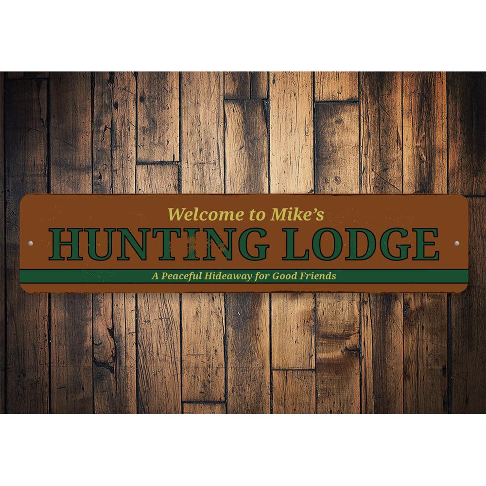 A beautifully crafted Hunting Lodge Sign made from high-quality aluminum, featuring customizable text and pre-drilled holes for easy mounting.