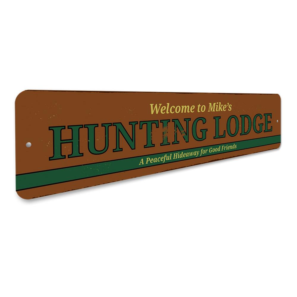 A beautifully crafted Hunting Lodge Sign made from high-quality aluminum, featuring customizable text and pre-drilled holes for easy mounting.