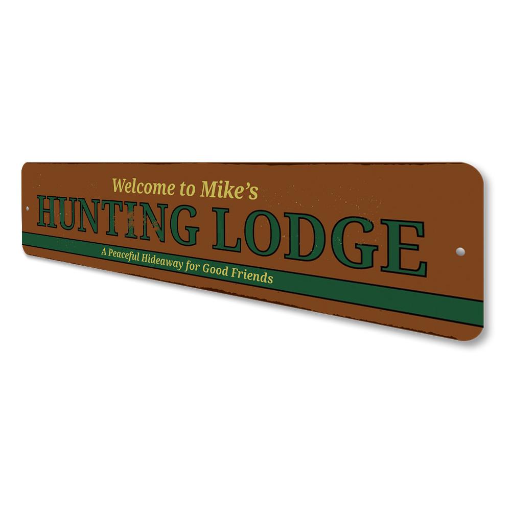 A beautifully crafted Hunting Lodge Sign made from high-quality aluminum, featuring customizable text and pre-drilled holes for easy mounting.