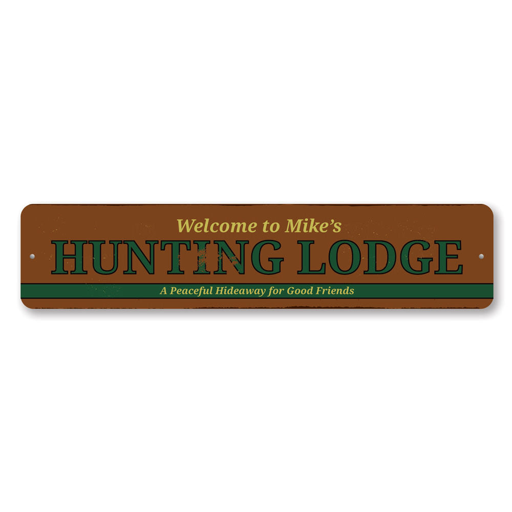 A beautifully crafted Hunting Lodge Sign made from high-quality aluminum, featuring customizable text and pre-drilled holes for easy mounting.