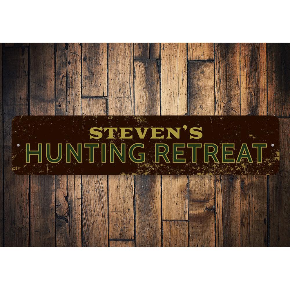 Customizable Hunting Retreat Sign made from high-quality aluminum, featuring pre-drilled holes for easy mounting.