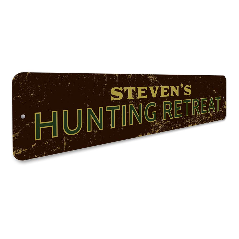 Customizable Hunting Retreat Sign made from high-quality aluminum, featuring pre-drilled holes for easy mounting.