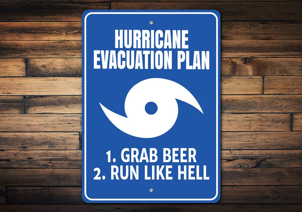 Hurricane Evacuation Sign made of durable aluminum, featuring clear evacuation instructions and a stylish design, suitable for indoor and outdoor use.