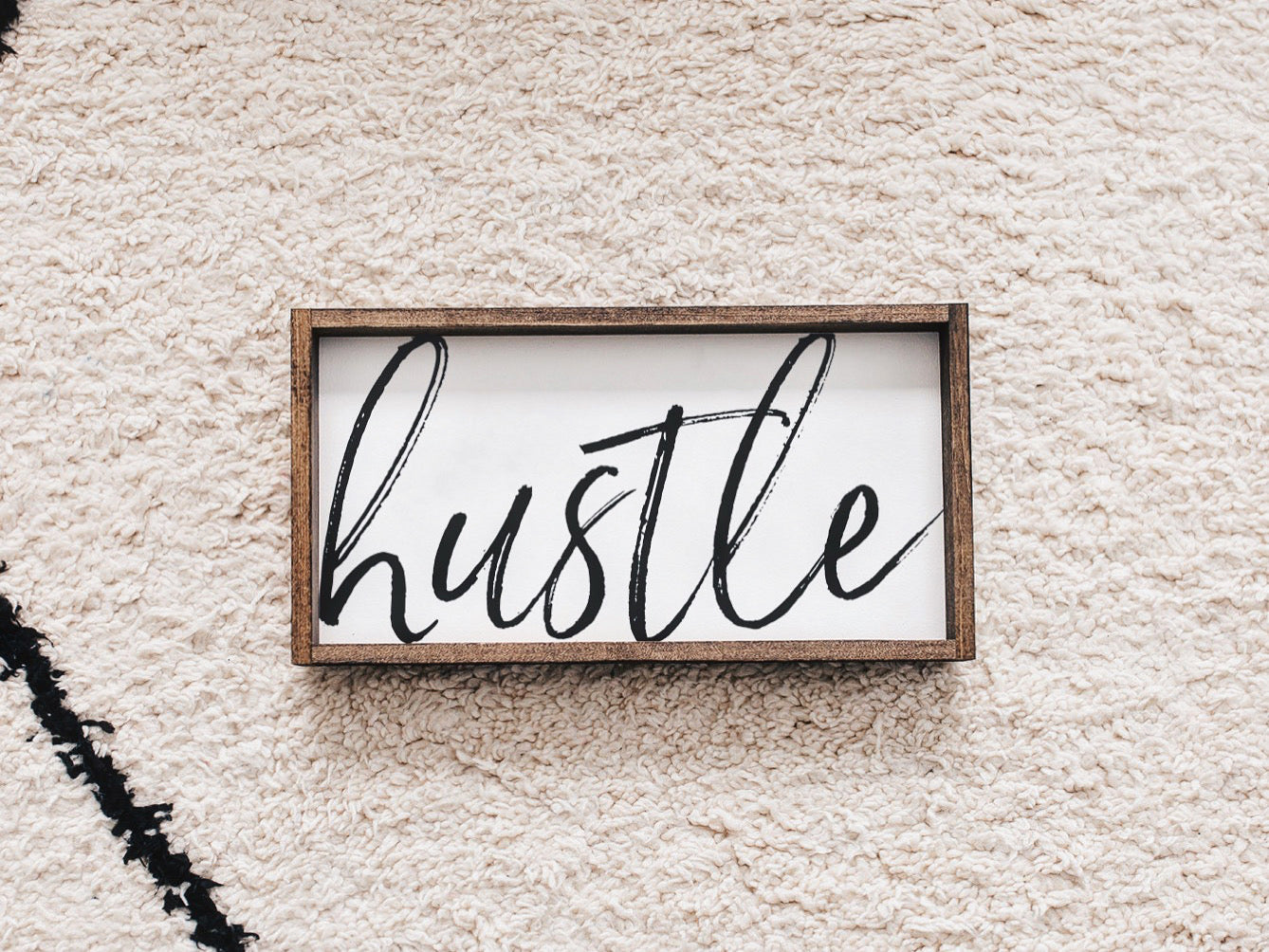 Hustle Wood Sign featuring a rustic pine wood frame with black waterproof text on a white background, perfect for bathroom decor.