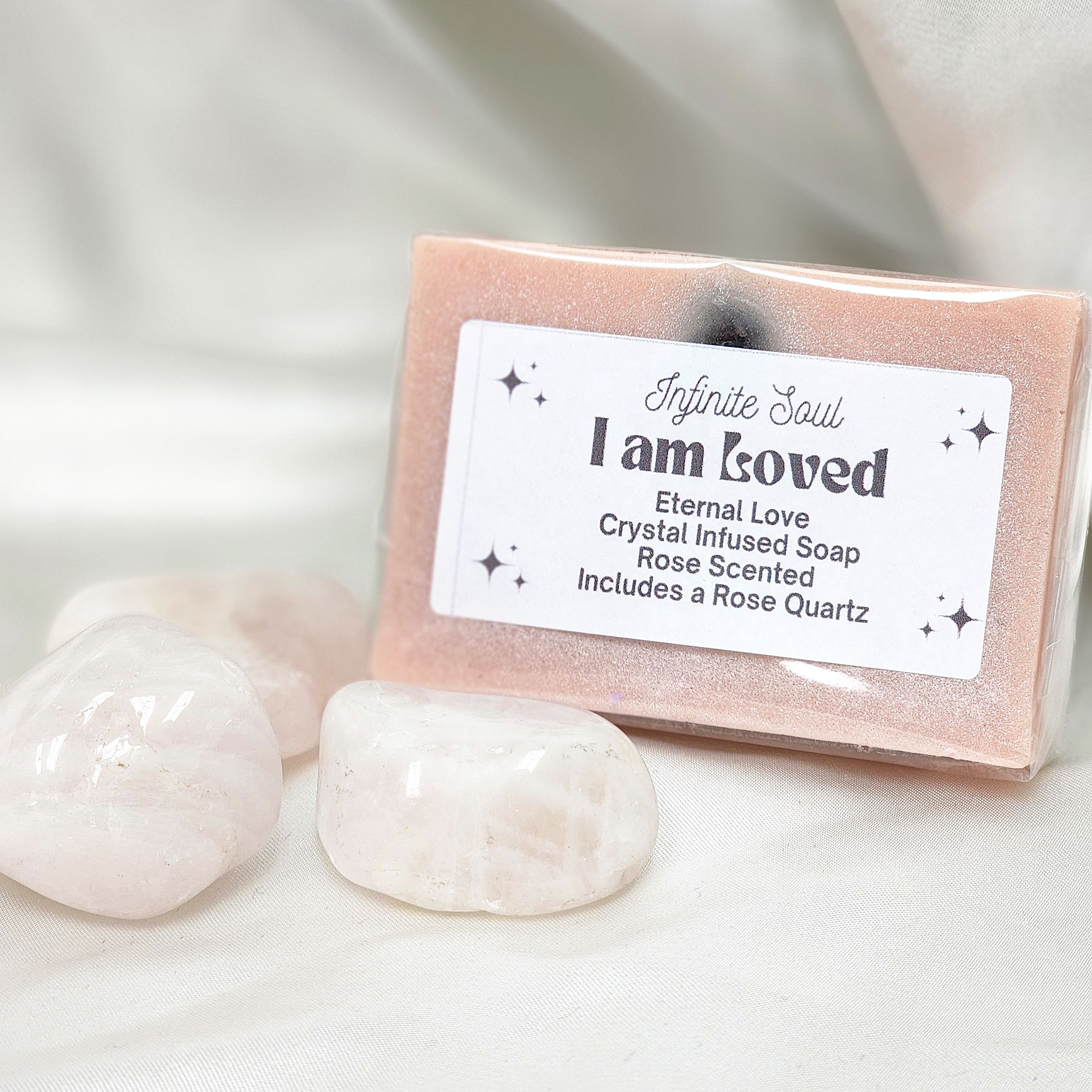 I am Loved Eternal Love Crystal Infused Soap with Rose Quartz, showcasing its elegant design and natural ingredients.