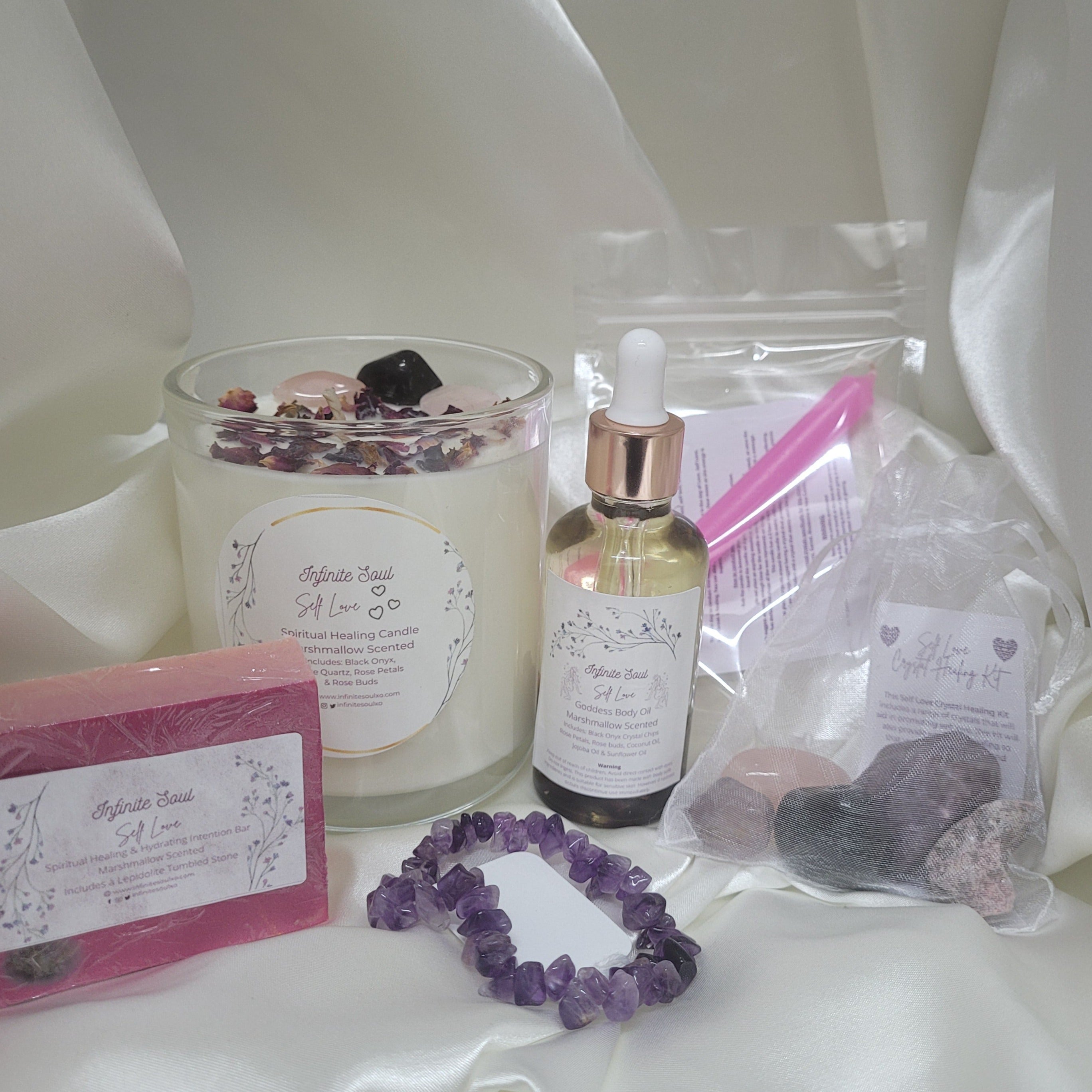 I Am Worthy Self Love Bundle featuring candles, crystals, and body oil for self-care and manifestation.