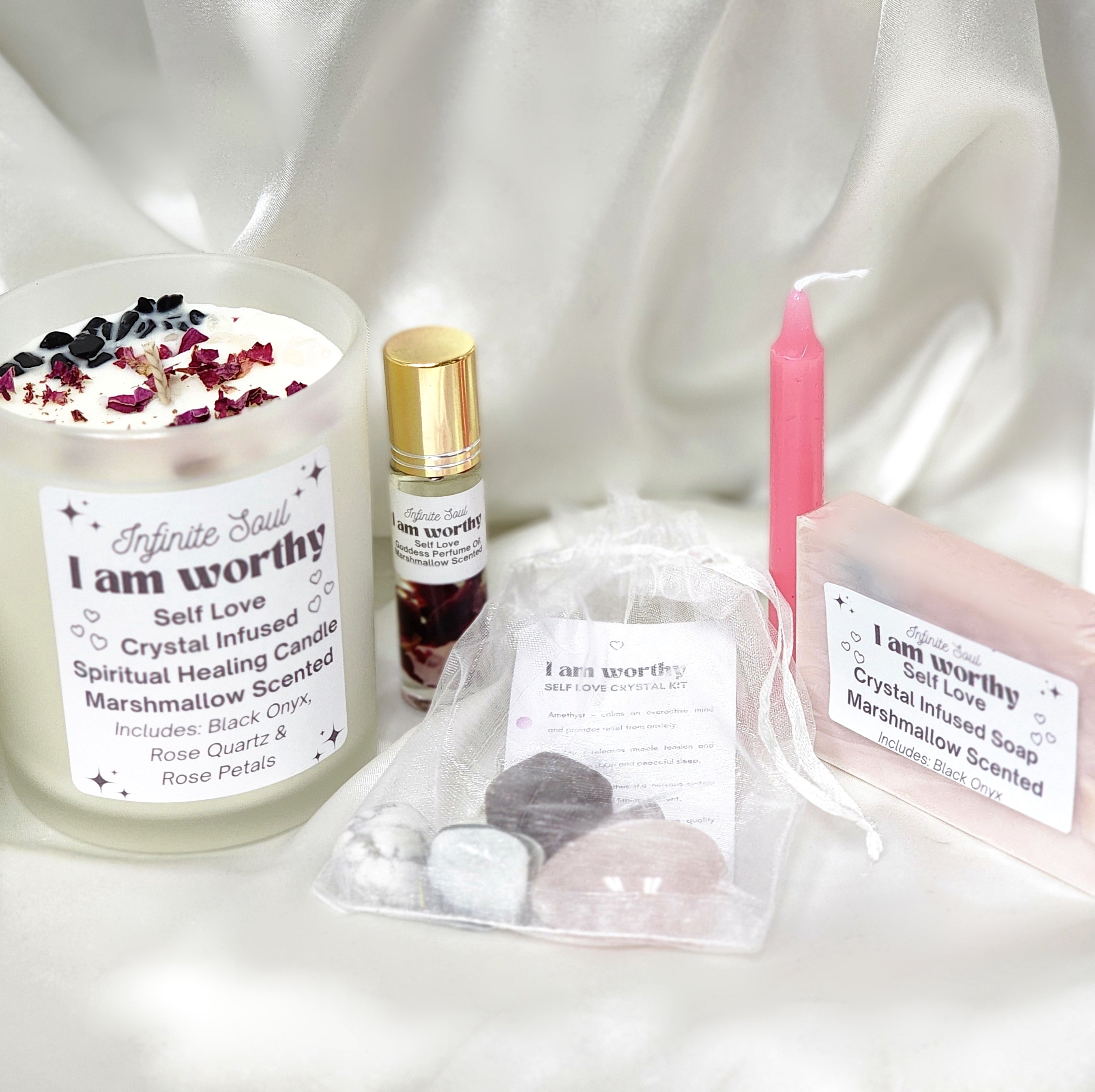 I Am Worthy Self Love Bundle featuring candles, crystals, and body oil for self-care and manifestation.