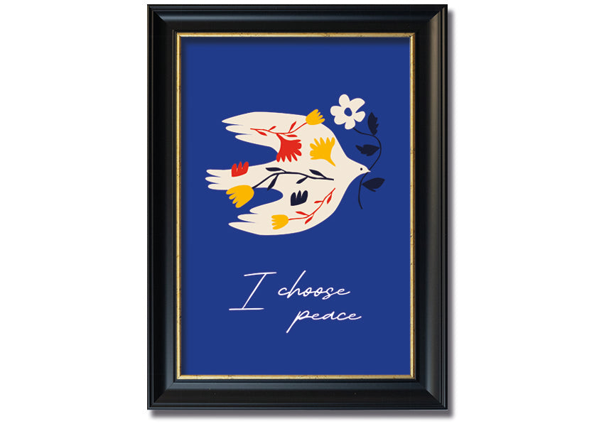 I Choose Peace framed print showcasing a serene design, available in various frame colors, ready to hang.