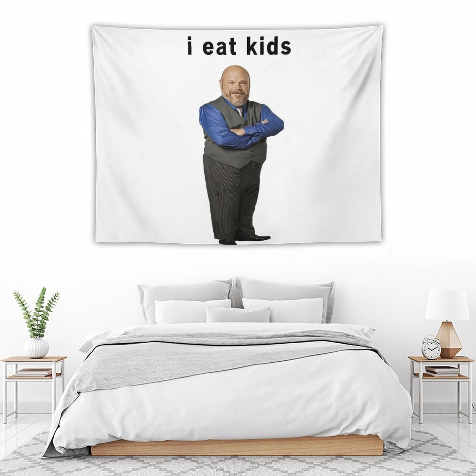 I Eat Kids Bertram Tapestry featuring vibrant colors and humorous design, perfect for wall decoration.