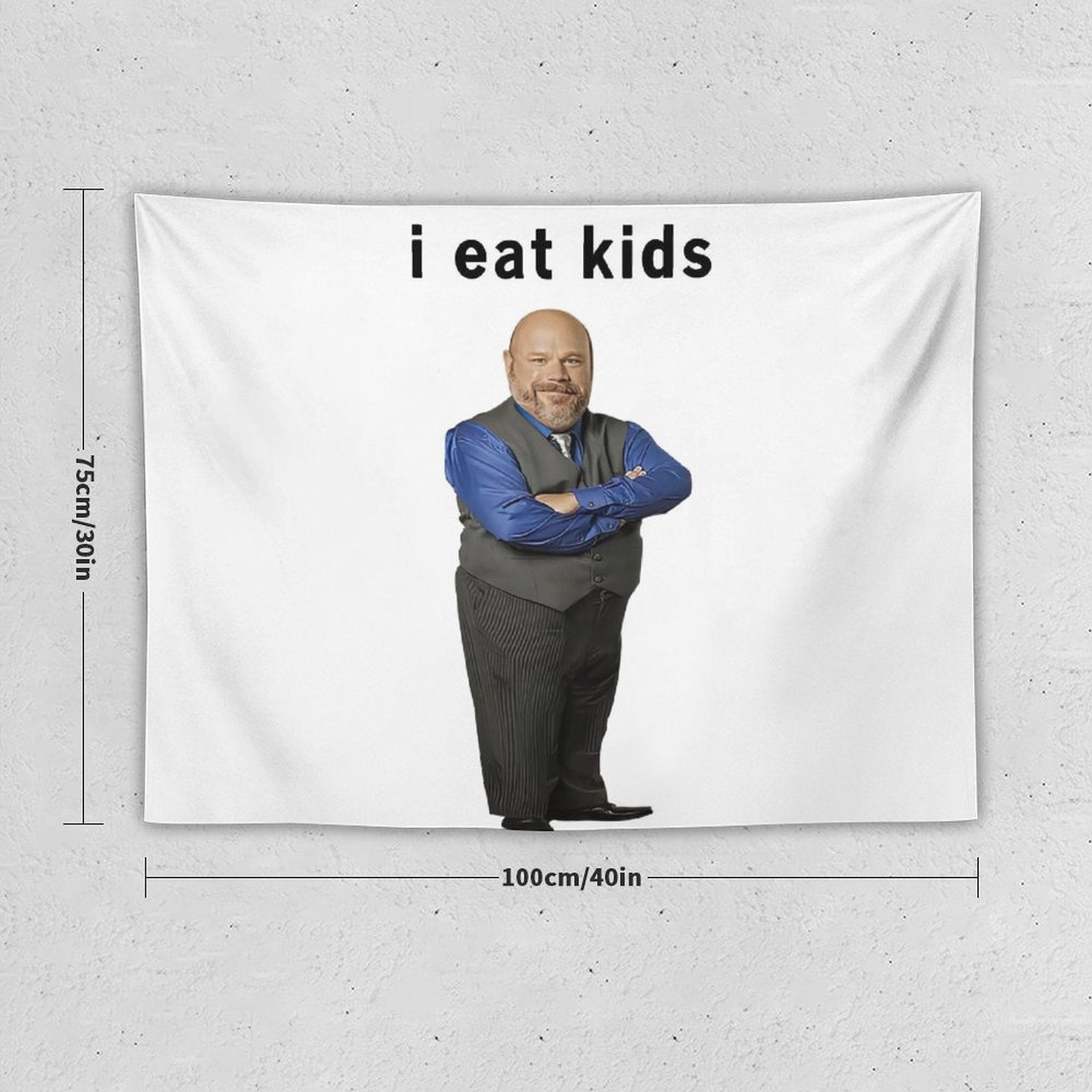 I Eat Kids Bertram Tapestry featuring vibrant colors and humorous design, perfect for wall decoration.