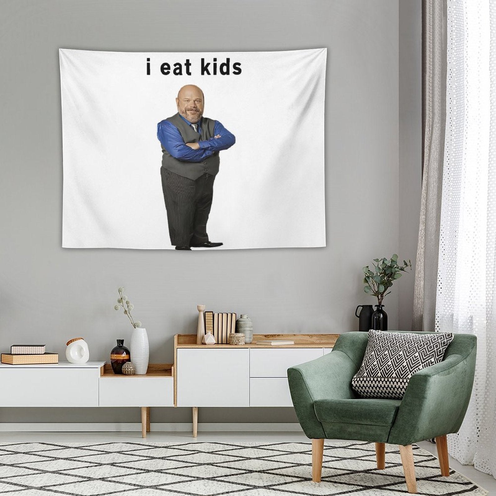 I Eat Kids Bertram Tapestry featuring vibrant colors and humorous design, perfect for wall decoration.