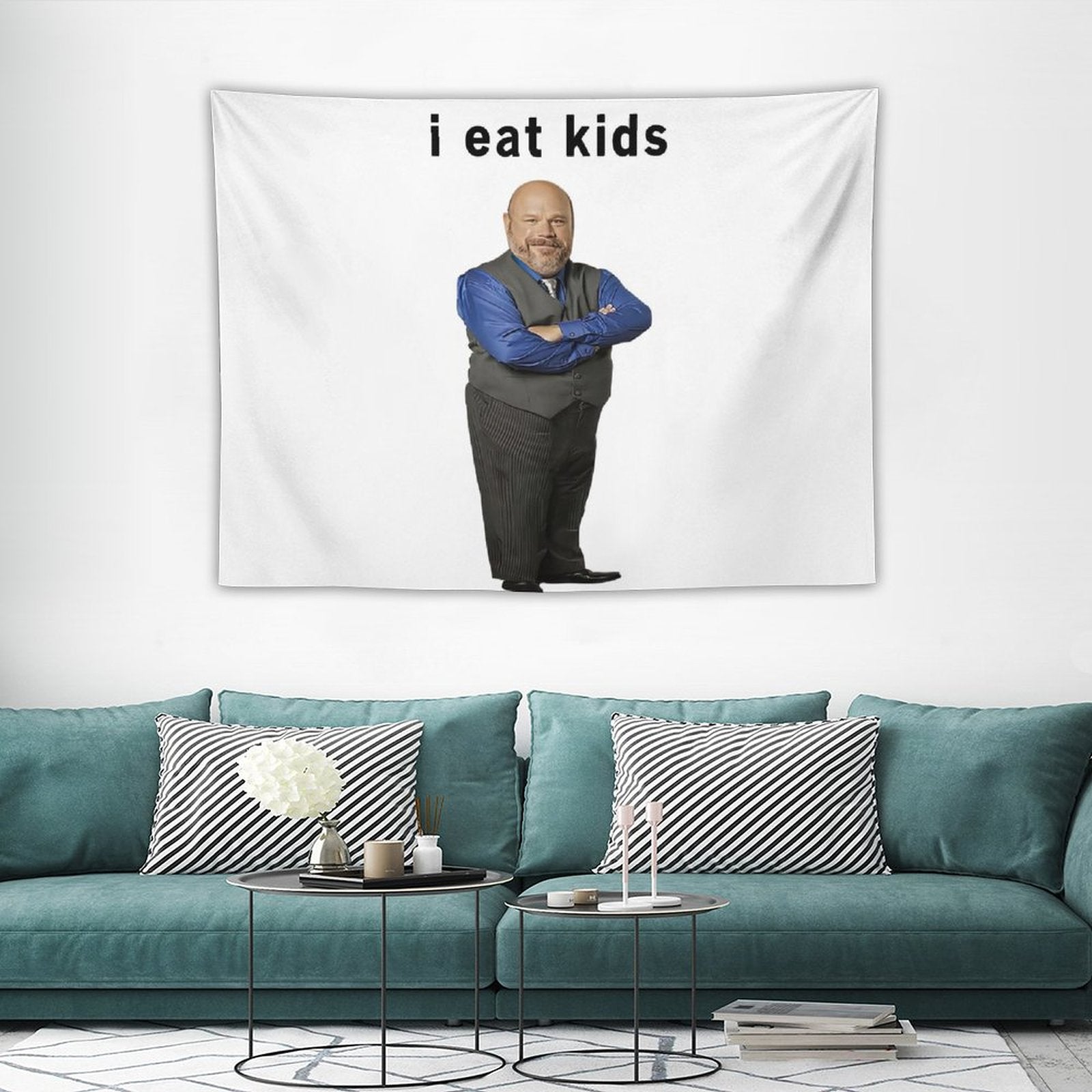 I Eat Kids Bertram Tapestry featuring vibrant colors and humorous design, perfect for wall decoration.