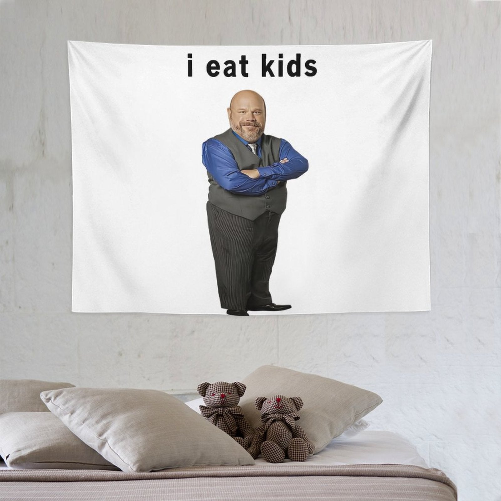 I Eat Kids Bertram Tapestry featuring vibrant colors and humorous design, perfect for wall decoration.