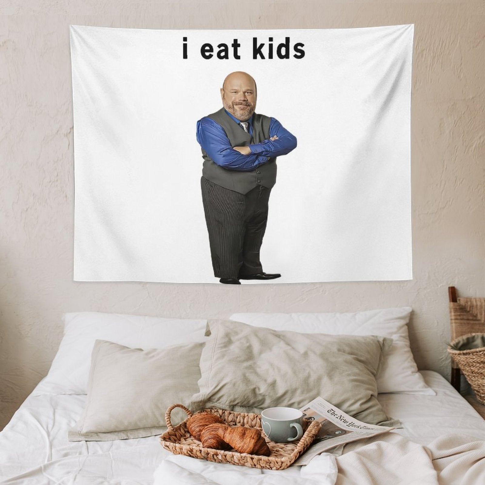 I Eat Kids Bertram Tapestry featuring vibrant colors and humorous design, perfect for wall decoration.