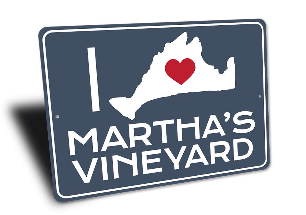 A decorative I Love Martha's Vineyard sign made of durable aluminum, featuring vibrant colors and a coastal design, perfect for beach-themed decor.