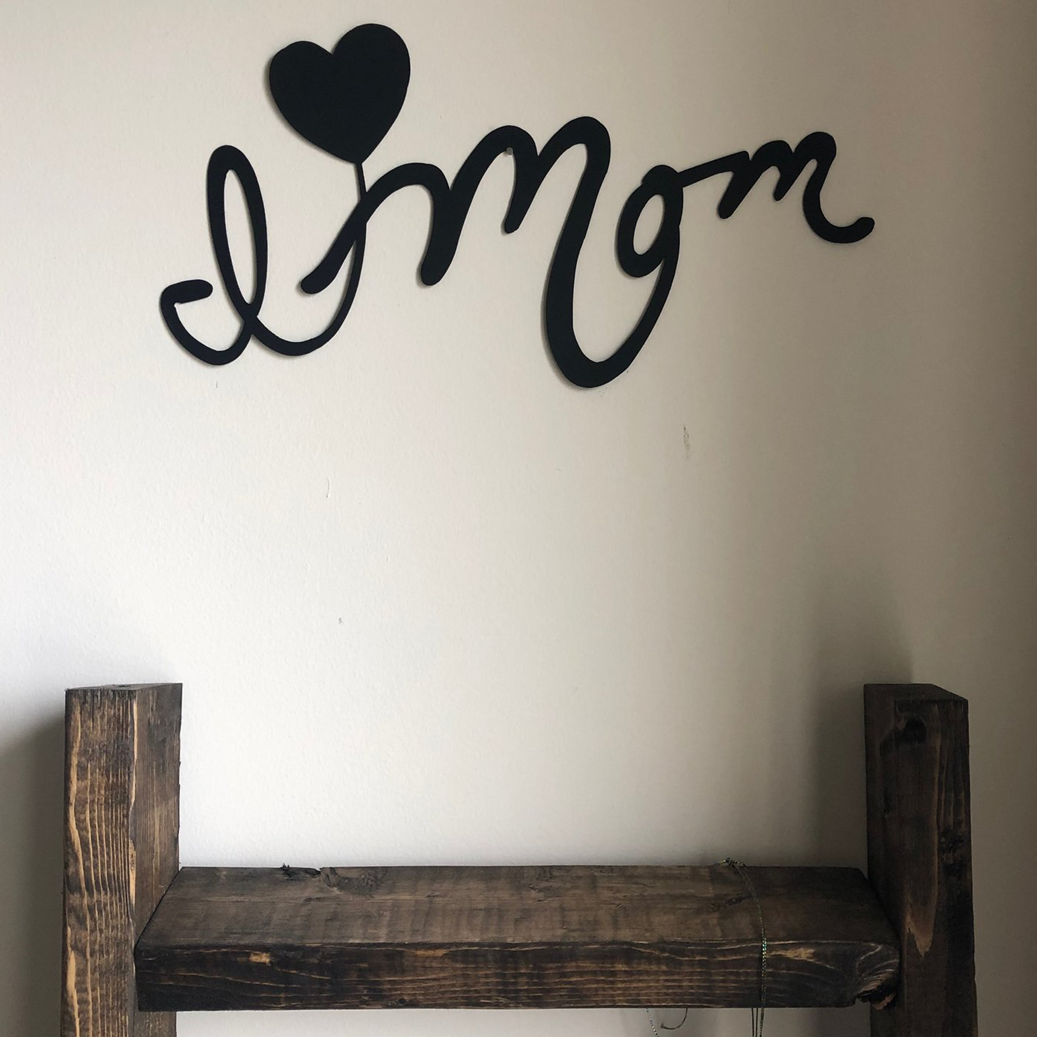 I Love Mom Metal Wall Art in black powder-coated finish, measuring 9 inches wide and 16 inches tall, perfect for home decor.