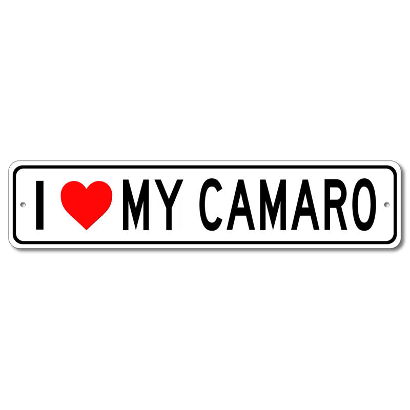 A decorative I Love My Car Sign made of high-quality aluminum, featuring customizable text and pre-drilled holes for easy mounting.