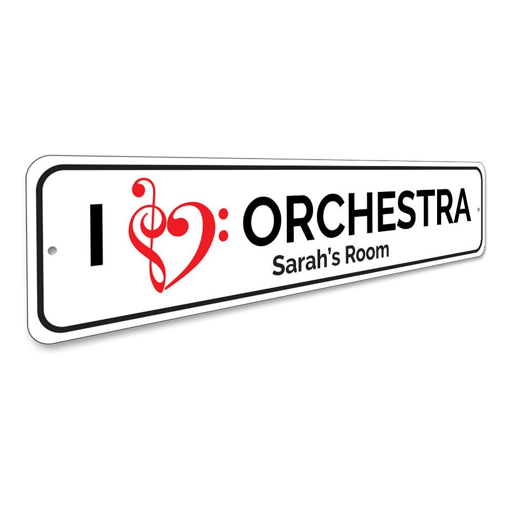 A decorative I Love Orchestra Sign made of high-quality aluminum, featuring vibrant colors and a musical theme, perfect for wall decor.