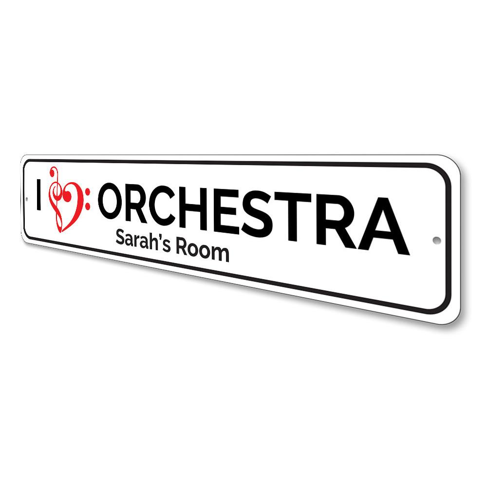 A decorative I Love Orchestra Sign made of high-quality aluminum, featuring vibrant colors and a musical theme, perfect for wall decor.