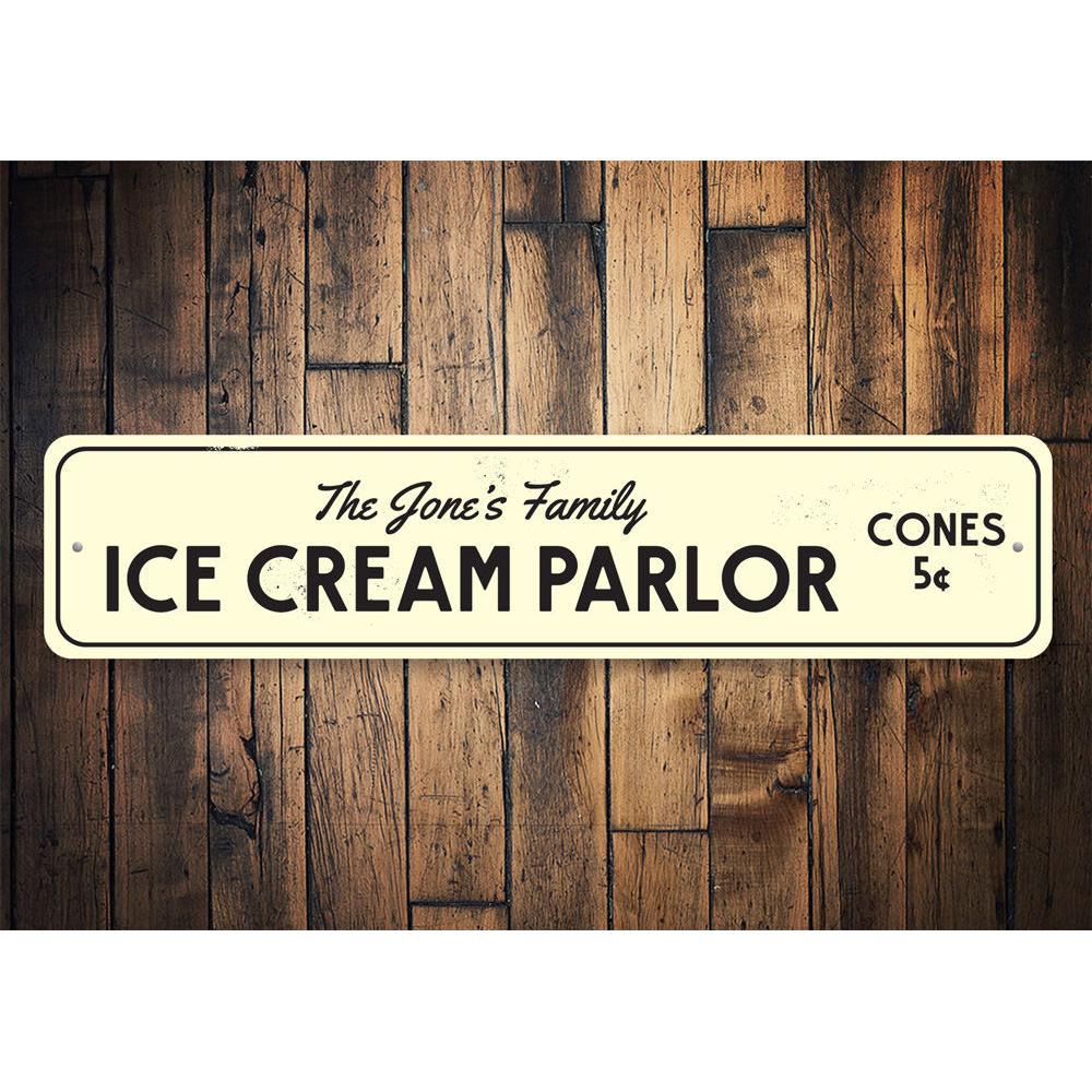 A vibrant Ice Cream Parlor Sign made of aluminum, featuring customizable text and pre-drilled holes for easy mounting, perfect for any business.