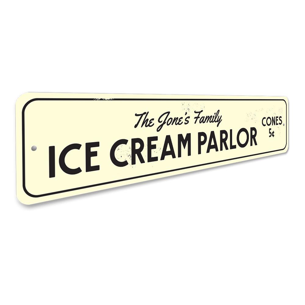 A vibrant Ice Cream Parlor Sign made of aluminum, featuring customizable text and pre-drilled holes for easy mounting, perfect for any business.