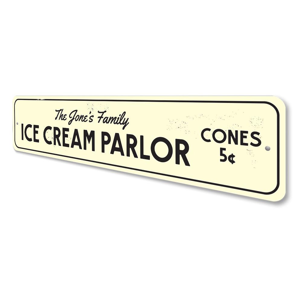 A vibrant Ice Cream Parlor Sign made of aluminum, featuring customizable text and pre-drilled holes for easy mounting, perfect for any business.