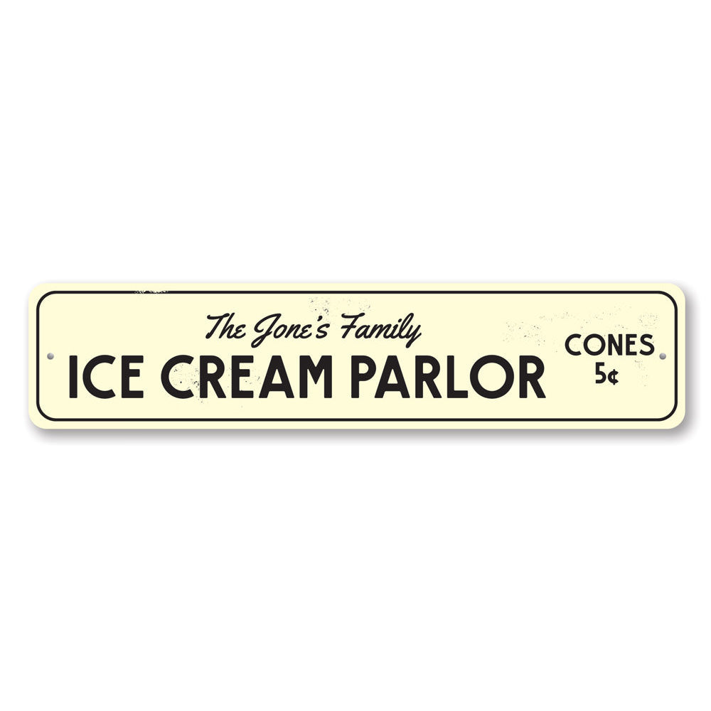 A vibrant Ice Cream Parlor Sign made of aluminum, featuring customizable text and pre-drilled holes for easy mounting, perfect for any business.