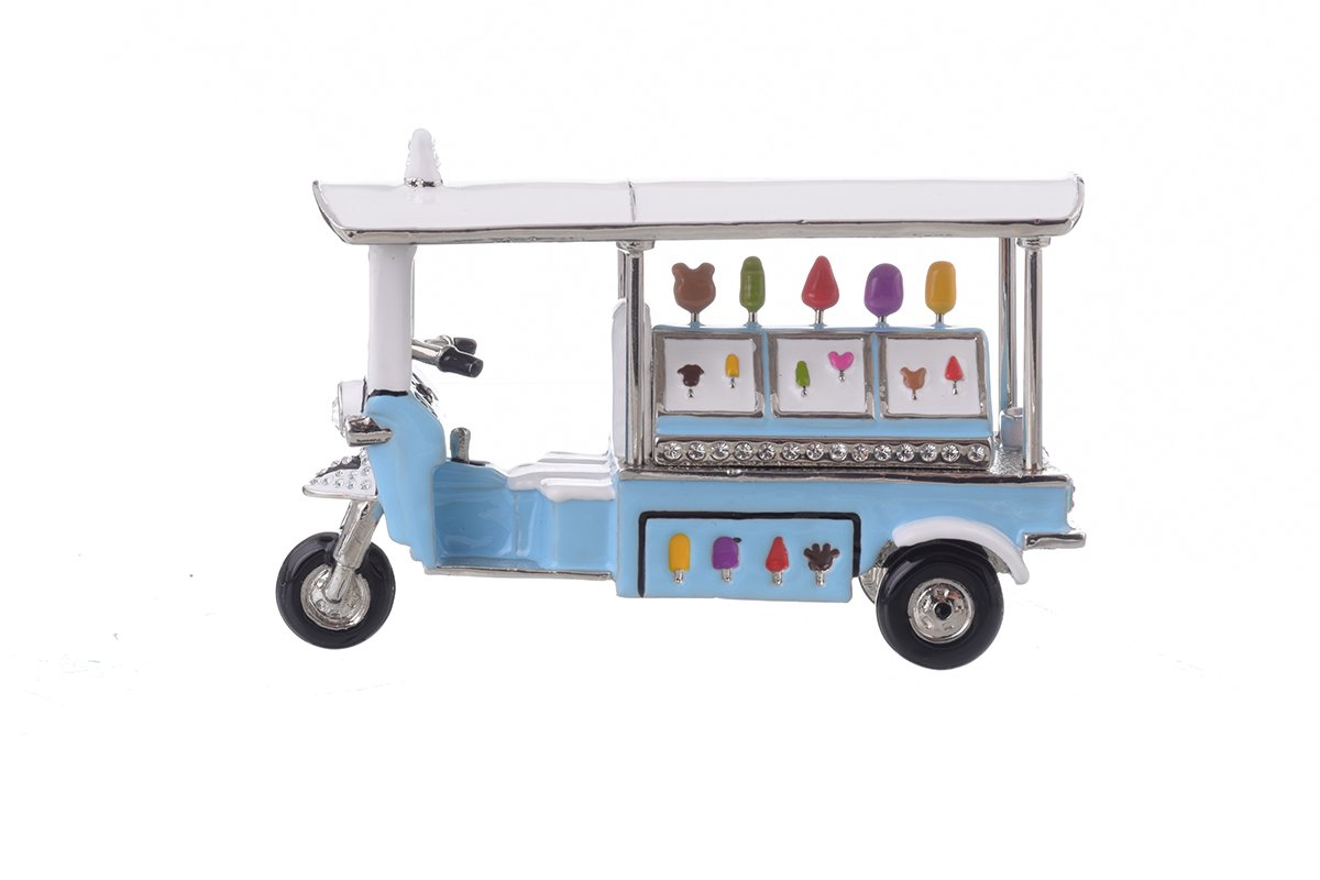 Elegant Ice Cream Rickshaw trinket box with hand-painted enamel and Austrian crystals, featuring a secure magnetic closure and 24K gold plating.