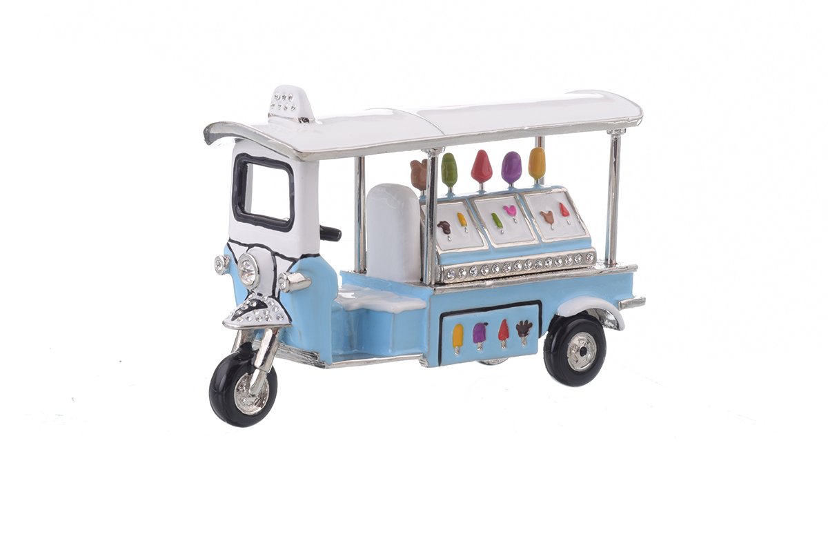 Elegant Ice Cream Rickshaw trinket box with hand-painted enamel and Austrian crystals, featuring a secure magnetic closure and 24K gold plating.