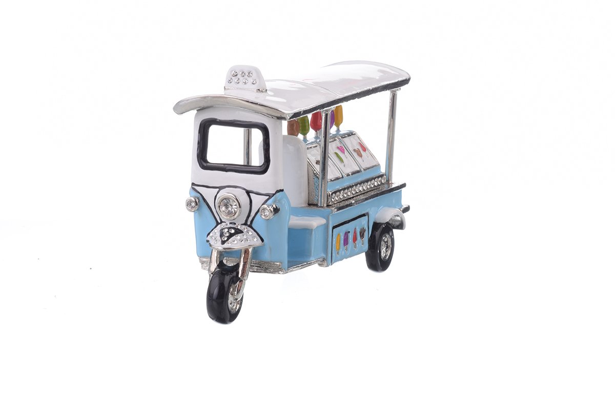 Elegant Ice Cream Rickshaw trinket box with hand-painted enamel and Austrian crystals, featuring a secure magnetic closure and 24K gold plating.