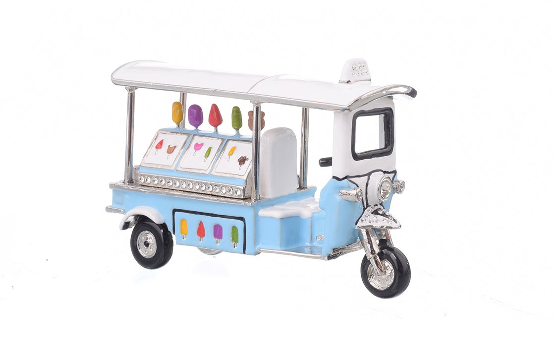 Elegant Ice Cream Rickshaw trinket box with hand-painted enamel and Austrian crystals, featuring a secure magnetic closure and 24K gold plating.