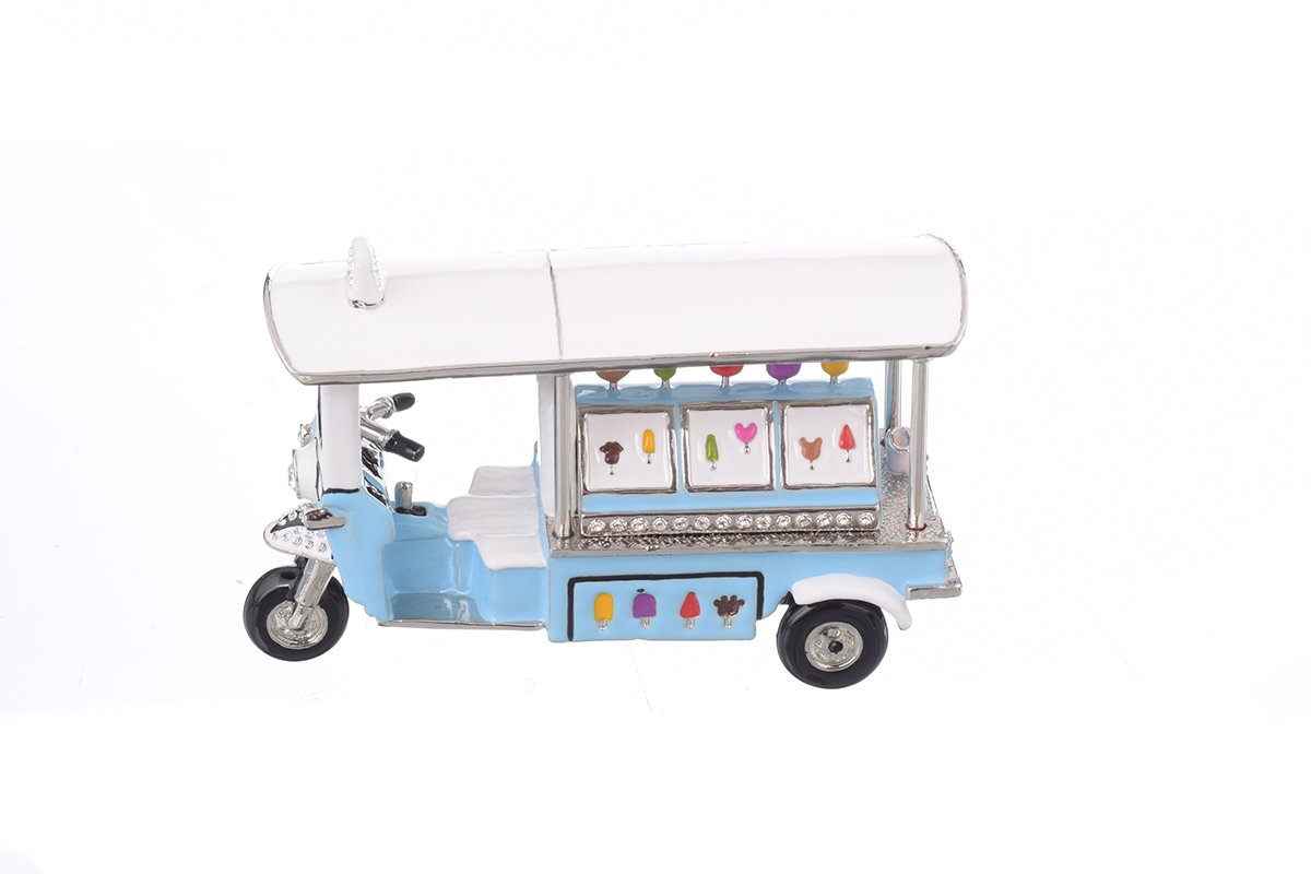 Elegant Ice Cream Rickshaw trinket box with hand-painted enamel and Austrian crystals, featuring a secure magnetic closure and 24K gold plating.