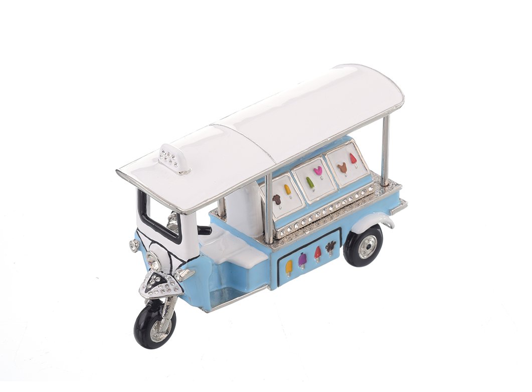 Elegant Ice Cream Rickshaw trinket box with hand-painted enamel and Austrian crystals, featuring a secure magnetic closure and 24K gold plating.