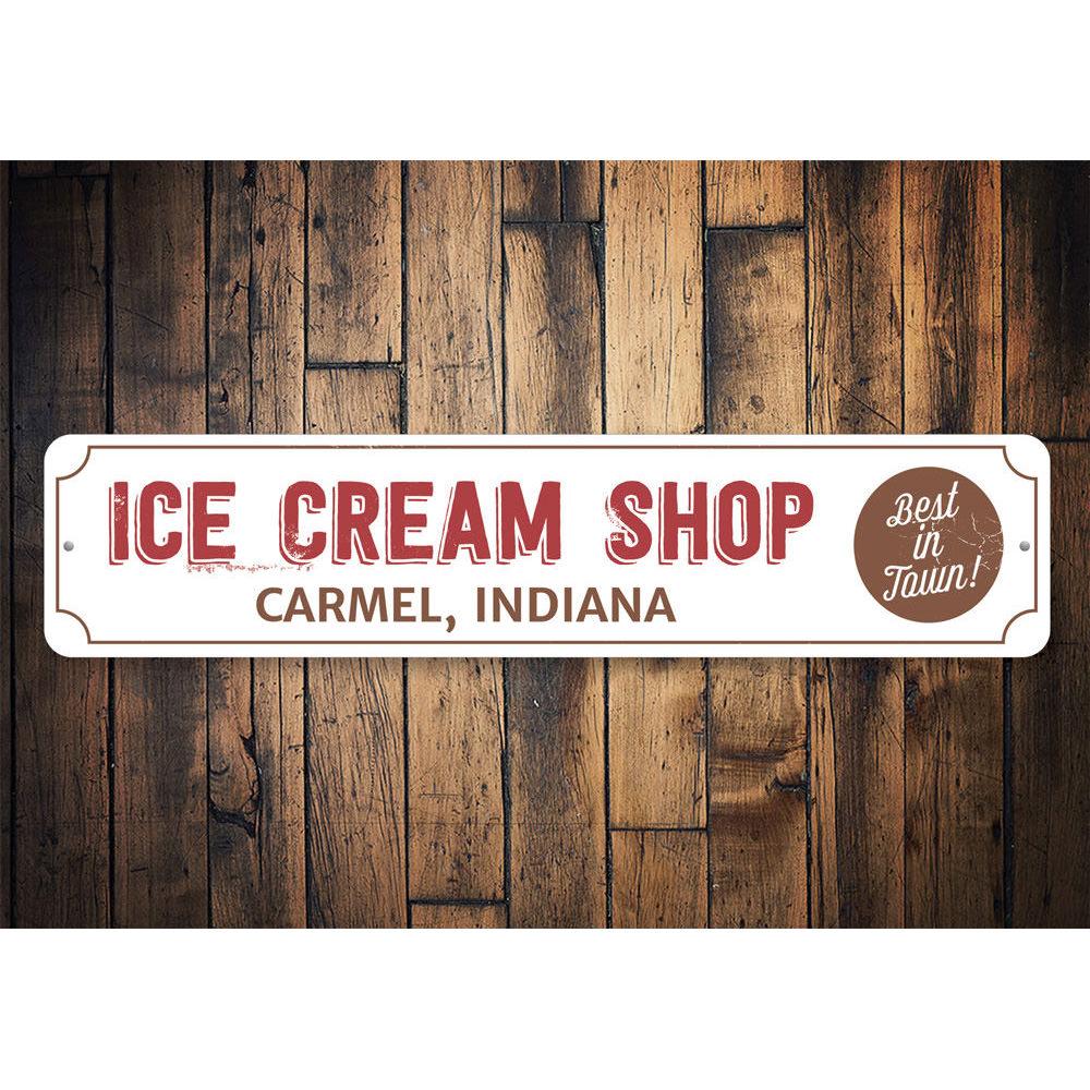 Custom aluminum Ice Cream Shop Location Sign with vibrant colors and pre-drilled holes for easy mounting.