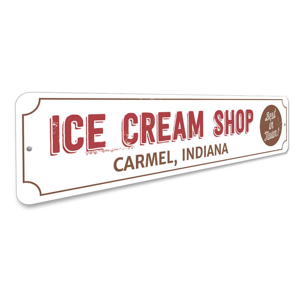 Custom aluminum Ice Cream Shop Location Sign with vibrant colors and pre-drilled holes for easy mounting.