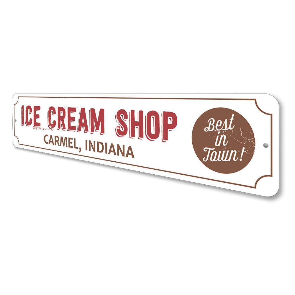 Custom aluminum Ice Cream Shop Location Sign with vibrant colors and pre-drilled holes for easy mounting.