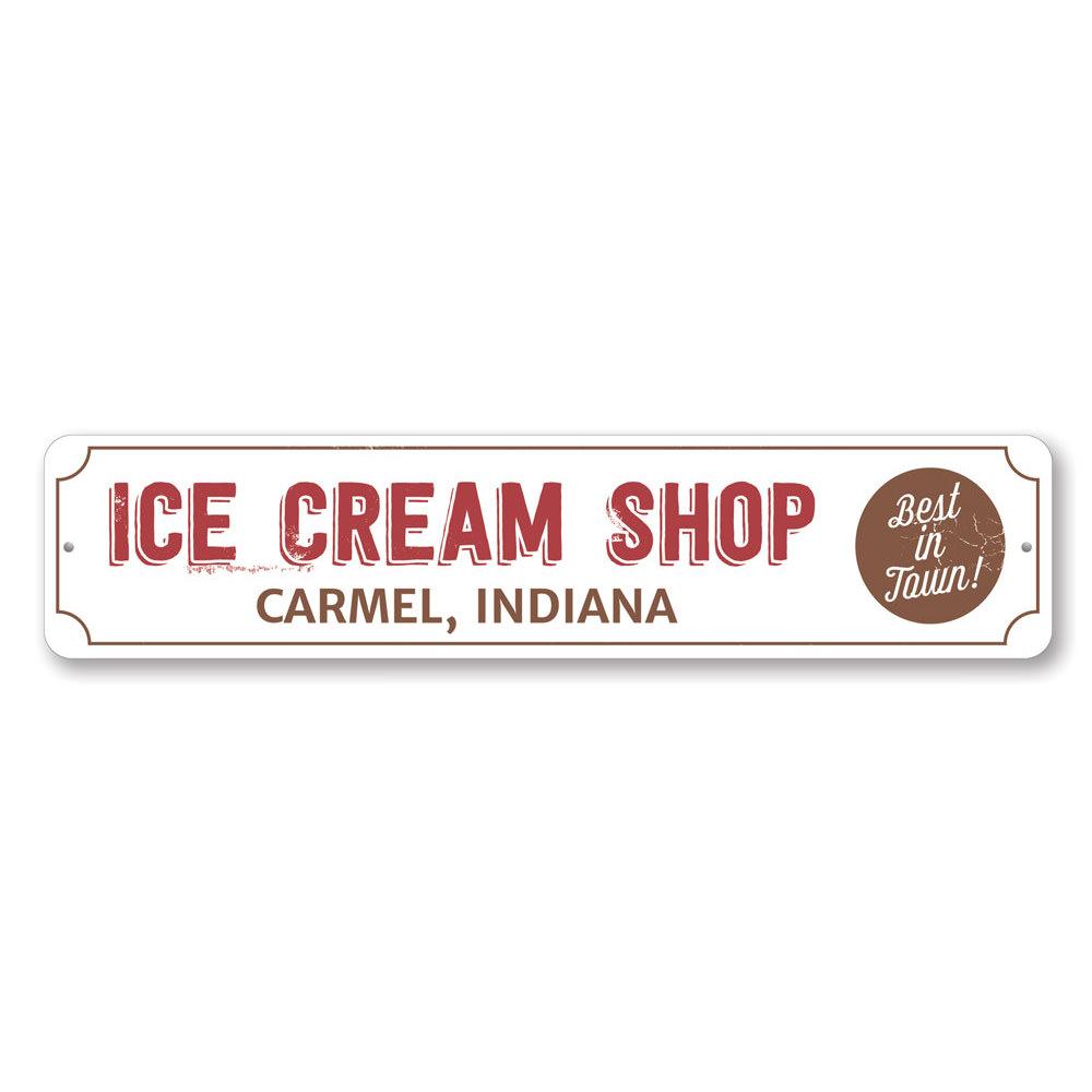 Custom aluminum Ice Cream Shop Location Sign with vibrant colors and pre-drilled holes for easy mounting.