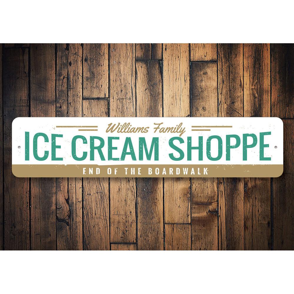 A vibrant Ice Cream Shoppe Sign made of durable aluminum, featuring customizable text and pre-drilled holes for easy mounting.