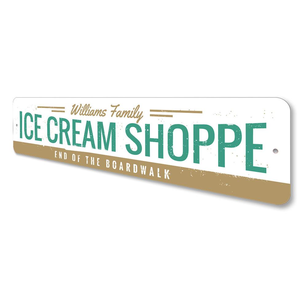 A vibrant Ice Cream Shoppe Sign made of durable aluminum, featuring customizable text and pre-drilled holes for easy mounting.