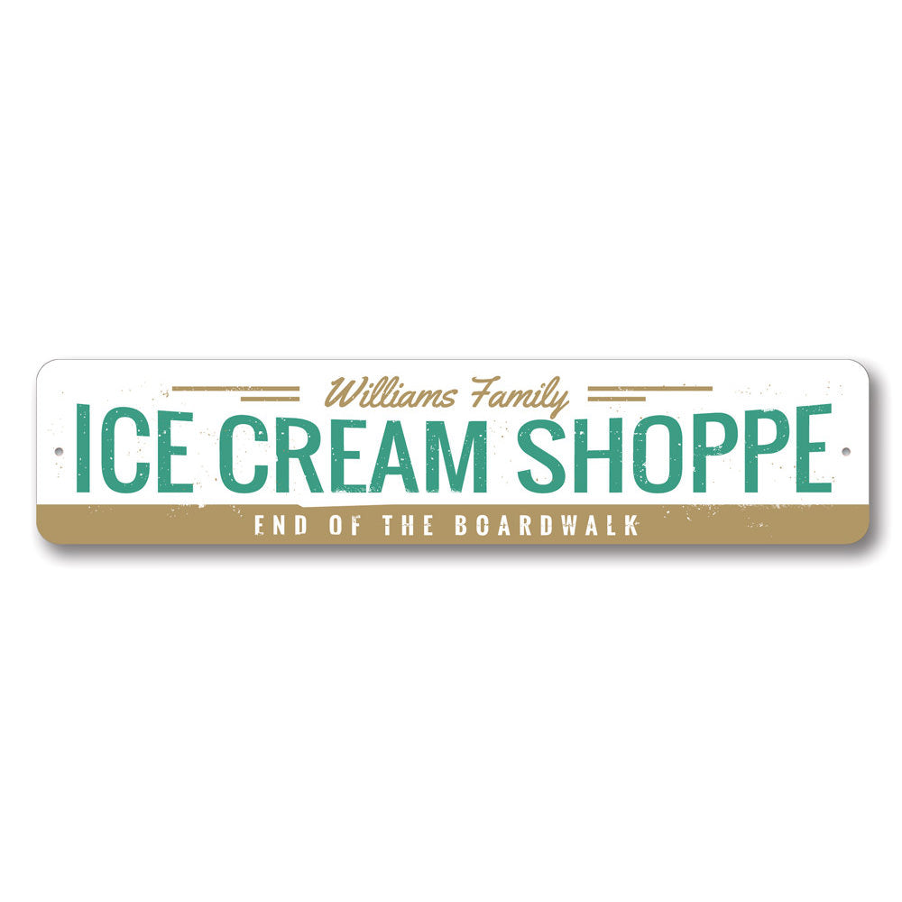 A vibrant Ice Cream Shoppe Sign made of durable aluminum, featuring customizable text and pre-drilled holes for easy mounting.