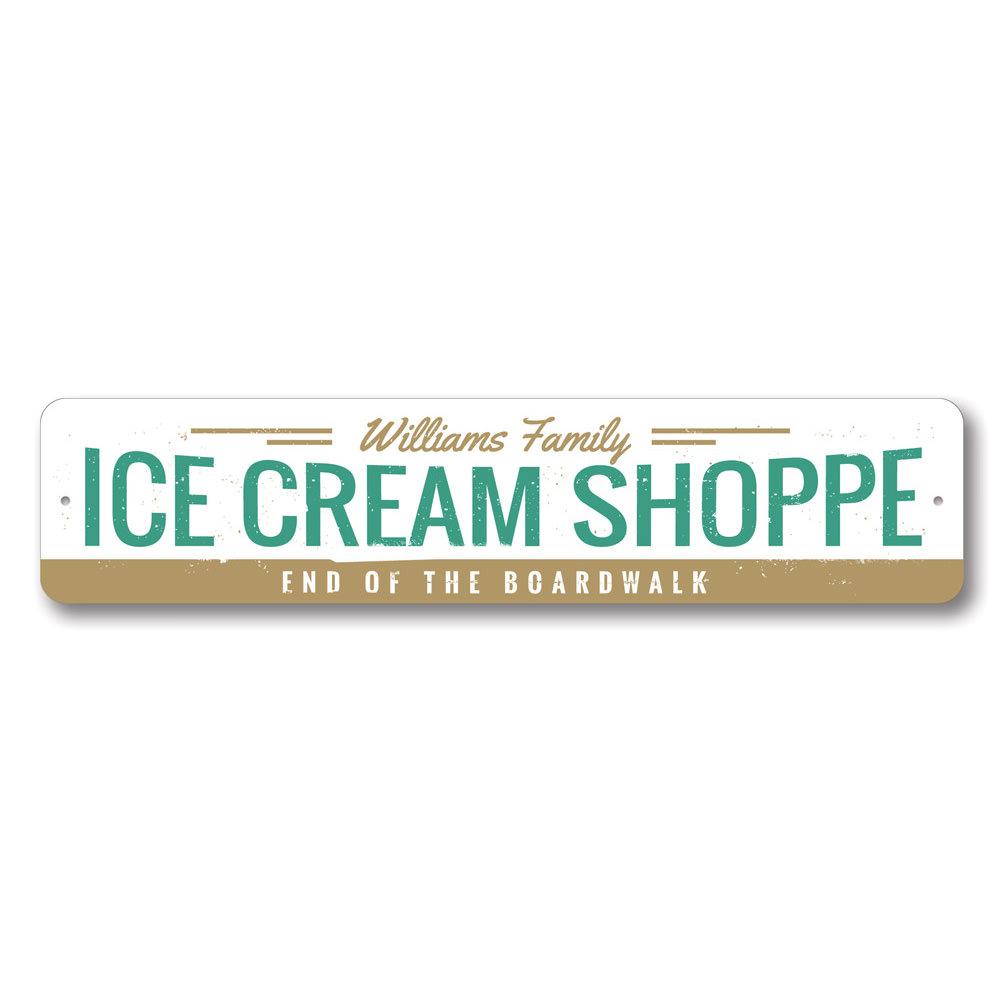 A vibrant Ice Cream Shoppe Sign made of durable aluminum, featuring customizable text and pre-drilled holes for easy mounting.