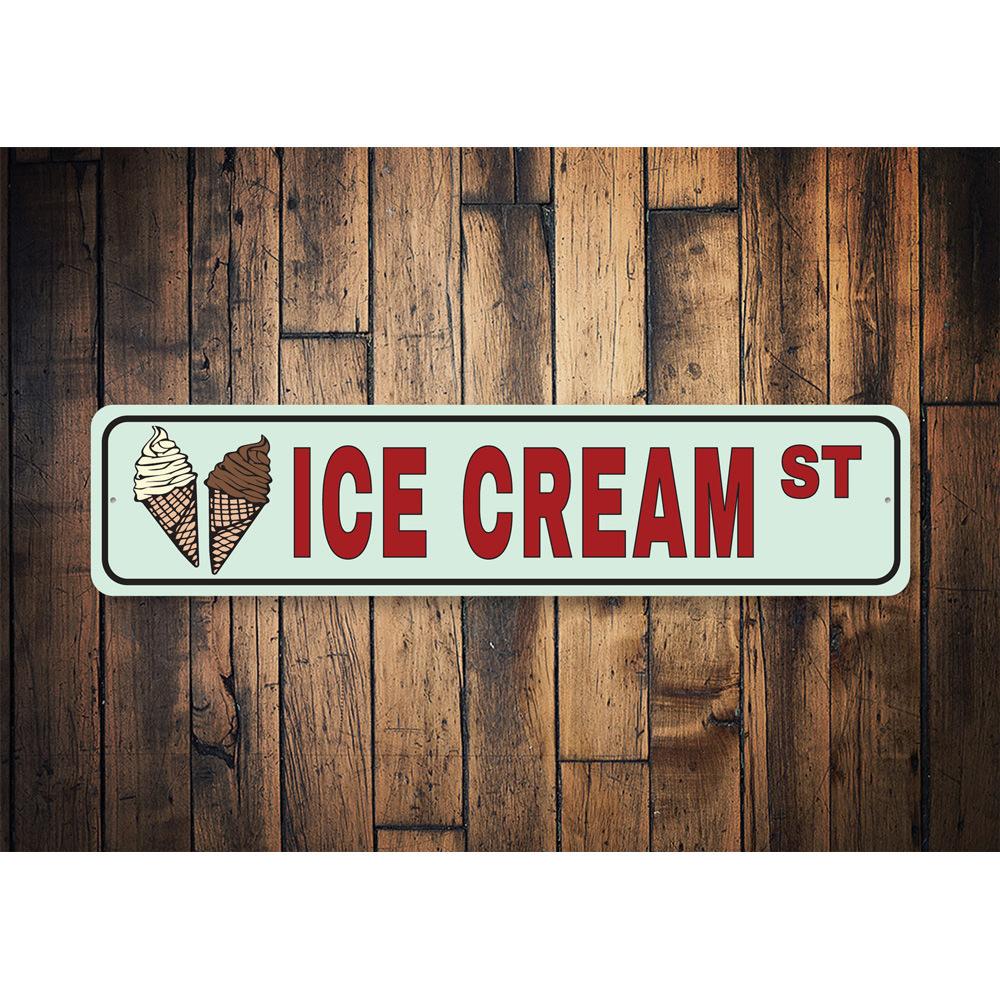 A vibrant Ice Cream Street Sign made of high-quality aluminum, featuring colorful ice cream graphics, perfect for home decor.