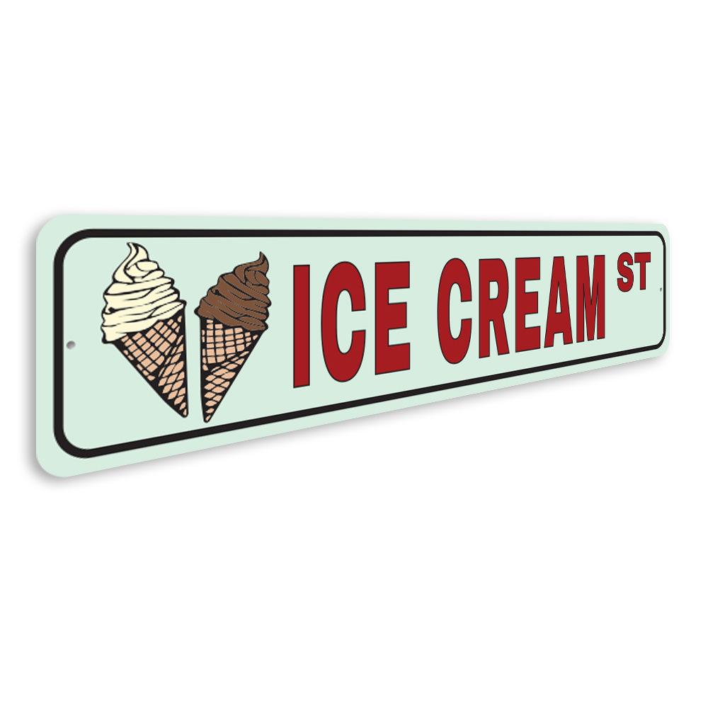 A vibrant Ice Cream Street Sign made of high-quality aluminum, featuring colorful ice cream graphics, perfect for home decor.