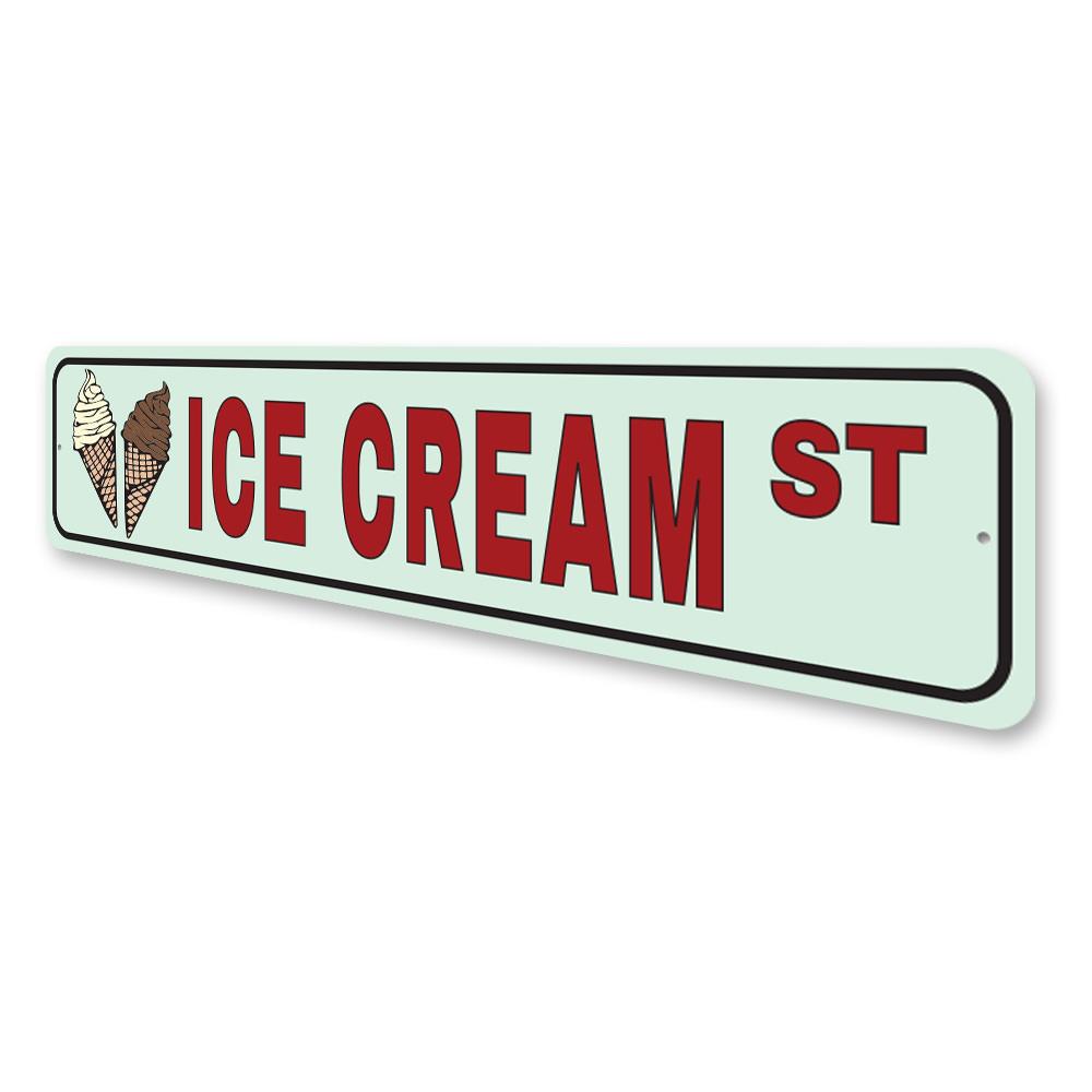 A vibrant Ice Cream Street Sign made of high-quality aluminum, featuring colorful ice cream graphics, perfect for home decor.