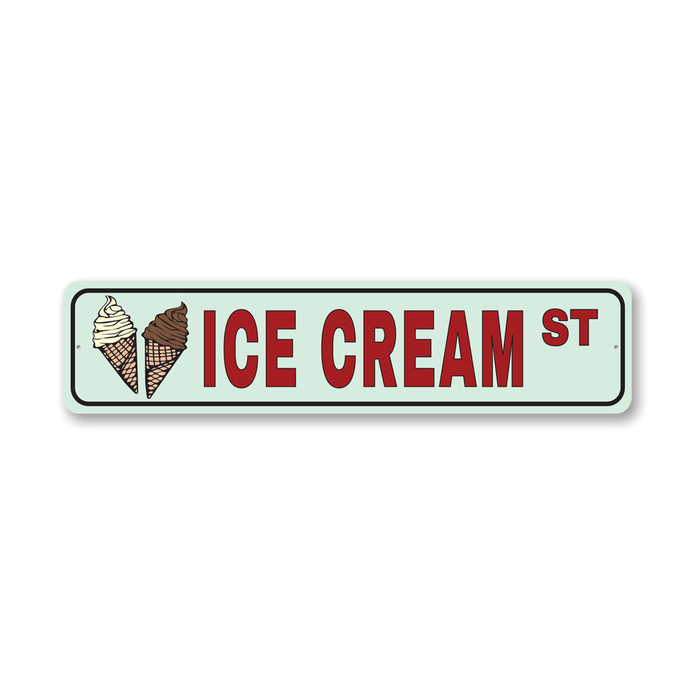 A vibrant Ice Cream Street Sign made of high-quality aluminum, featuring colorful ice cream graphics, perfect for home decor.