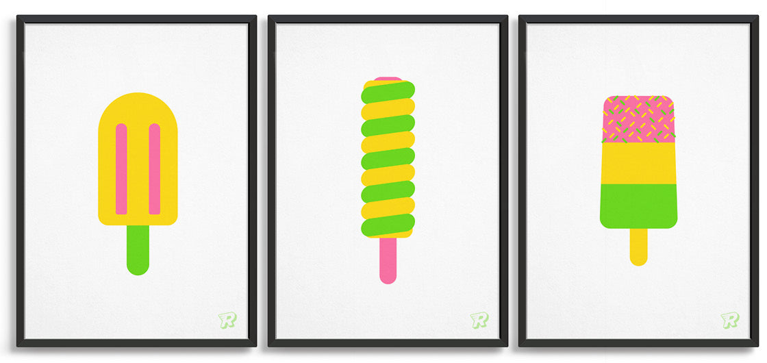 A colorful set of three ice lolly art prints featuring vibrant and pastel designs, perfect for children's gallery walls.